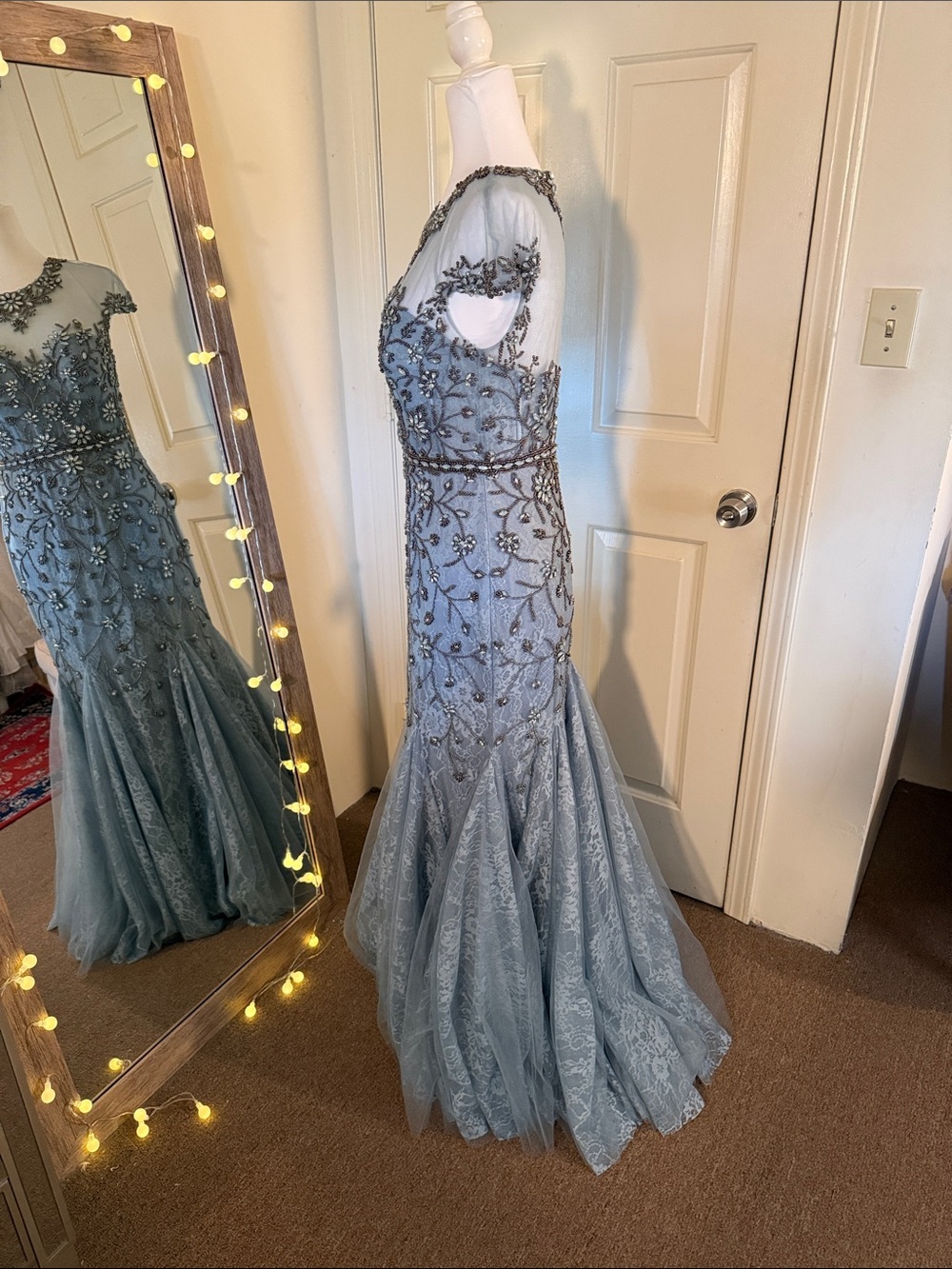 MAC DUGGAL Blue Embellished Lace Evening Gown with Illusion Neckline - Picture 7 of 14